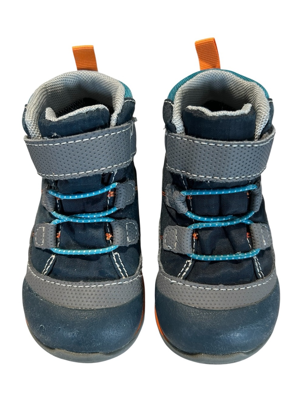 See Kai Run Navy, Gray and Teal Toddler Boots with Orange Pull Tabs